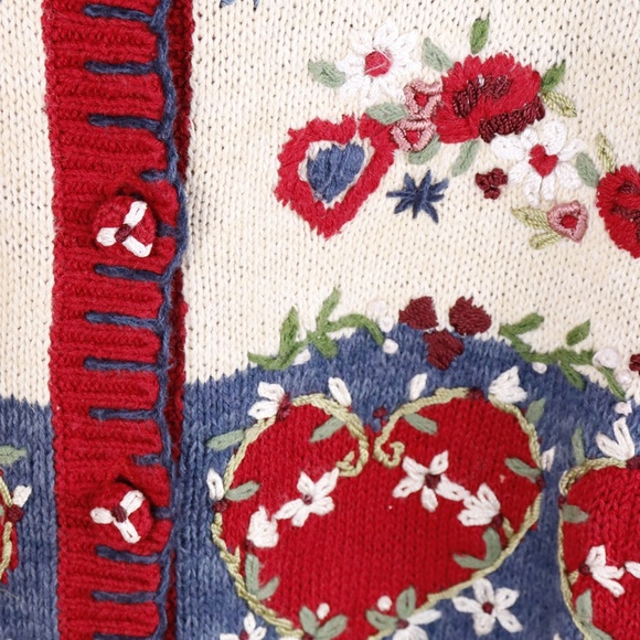 Vintage Hand Knit Sweater w/ Hearts Embroidery Valentines Day Cardigan - LARGE - Picture 11 of 16